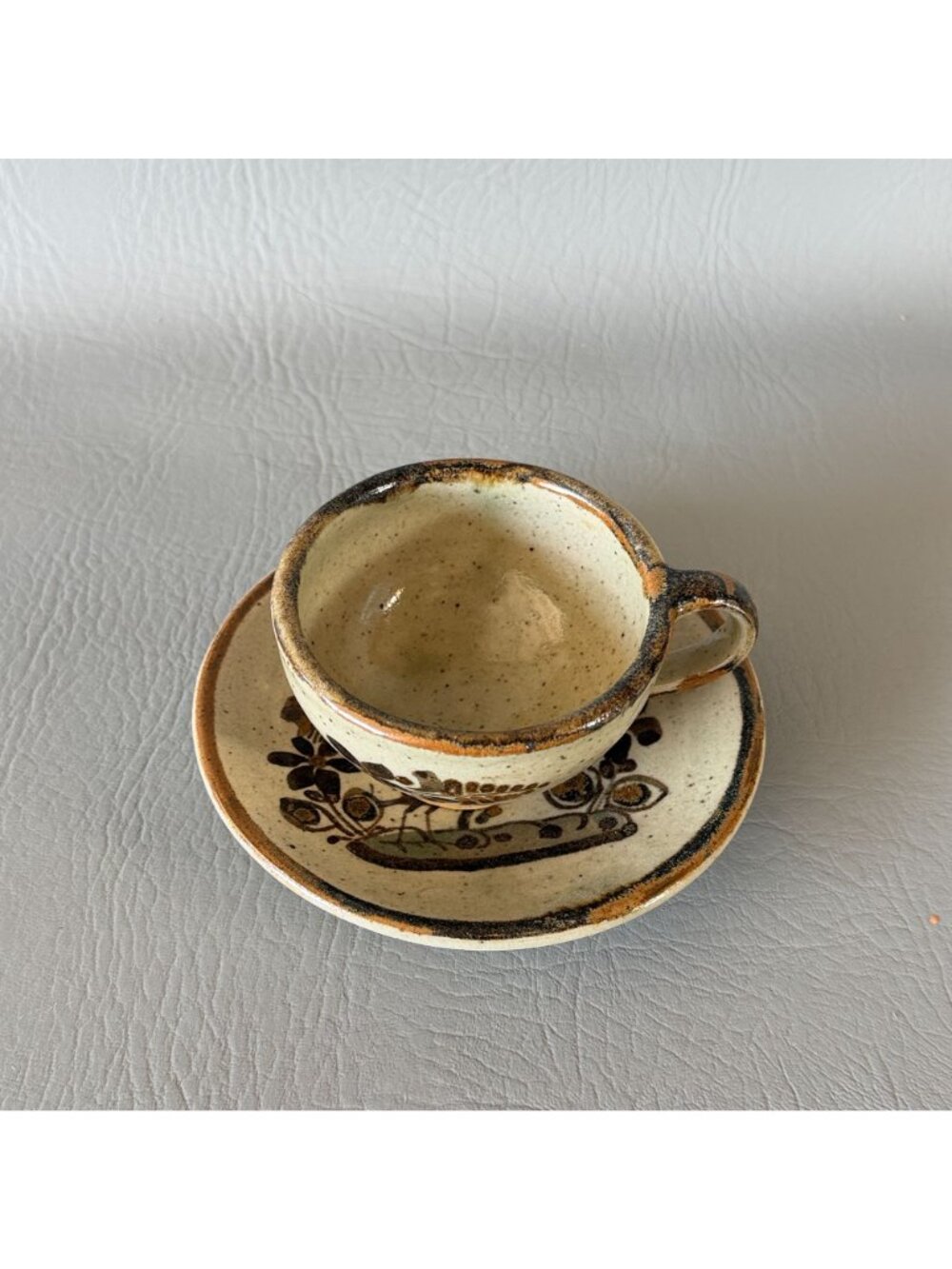 Vintage Tonala Mexico Studio Pottery Cup Saucer Set Signed S Lucas Bird 5.5" - Picture 2 of 16